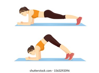 Woman doing Dolphin Plank pose exercise in 2 steps for guide. Illustration about abs workout position introduction.