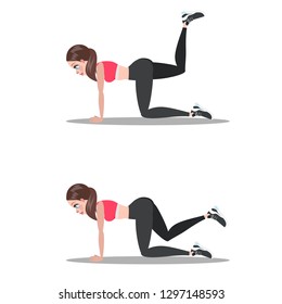 Woman doing donkey kick exercise in the gym. Leg workout and muscle building. Healthy and active lifestyle. Isolated vector illustration