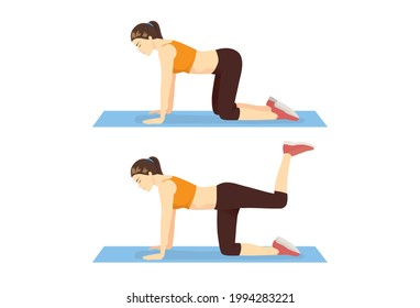 Woman doing Donkey Kick Exercise on the floor in 2 steps. Illustration about the workout to target at leg and thigh.