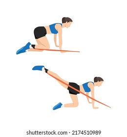 Woman doing Donkey kicks with long resistance band for butt exercise. Flat vector illustration isolated on white background