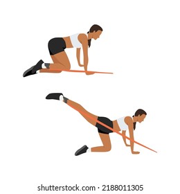 Woman doing Donkey kicks with long resistance band for butt exercise. Flat vector illustration isolated on white background