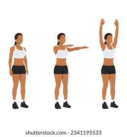 Woman doing double arm front raises to overhead extension. Flat vector illustration isolated on white background