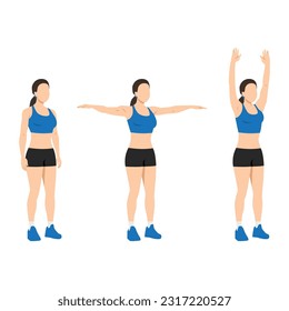 Woman doing double arm side or lateral raises to overhead extension exercise. Flat vector illustration isolated on white background