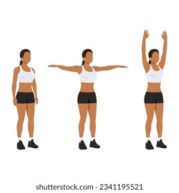 Woman doing double arm side or lateral raises to overhead extension exercise. Flat vector illustration isolated on white background