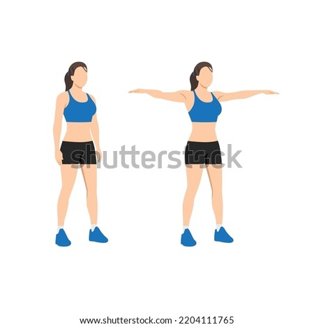 Woman doing Double arm side or lateral raises exercise. Raise both arms laterally until horizontal. Flat vector illustration isolated on white background