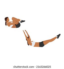 Woman Doing Double Leg Stretch Exercise. Flat Vector Illustration Isolated On White Background