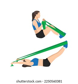 Woman doing Double leg stretch with resistance band exercise. Flat vector illustration isolated on white background