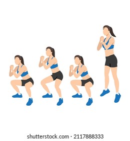 Woman Doing Double Pulse Squat Jump Exercise. Flat Vector Illustration Isolated On White Background