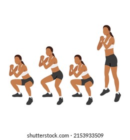 Woman Doing Double Pulse Squat Jump Exercise. Flat Vector Illustration Isolated On White Background