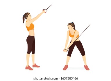 Woman doing downward cable chop posture for exercise with 2 step. Illustration about workout with gym equipment for oblique muscles and abs. 