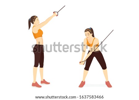 Woman doing downward cable chop posture for exercise with 2 step. Illustration about workout with gym equipment for oblique muscles and abs. 