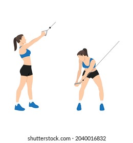 Woman doing Downward cable wood chops exercise. Flat vector illustration isolated on white background