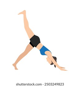 Woman doing Downward Facing Dog Split Pose, Down Dog Split, Eka Pada Adho Mukha Svanasana. Flat vector illustration isolated on white background