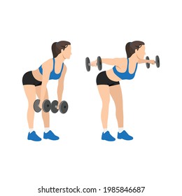 Woman doing Dumbbell bent over lateral rear delt raises. Flyes exercise. Flat vector illustration isolated on white background