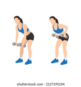 Woman doing Dumbbell bent over row exercise flat vector illustration isolated on white background