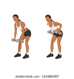 Woman doing Dumbbell bent over row exercise flat vector illustration isolated on white background