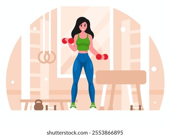 Woman doing dumbbell bicep curls. A gym with a wall bars, a pommel horse, a bench, a weights and dumbbells. Vector graphics