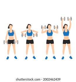 Woman doing Dumbbell cuban press exercise. Flat vector illustration isolated on white background