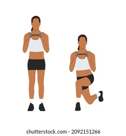 Woman doing Dumbbell curtsy lunge exercise. Flat vector illustration isolated on white background