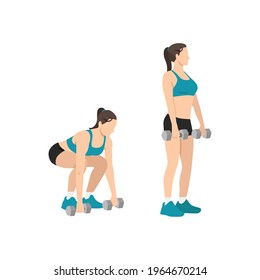 Woman doing dumbbell deadlift exercise flat vector illustration isolated on white background