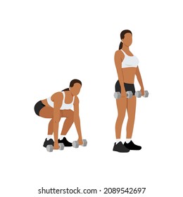 Mujer haciendo ejercicios de elevación de timbre de dumbbell, ilustración vectorial plana aislada en fondo blanco