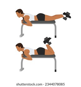 Woman doing Dumbbell Hamstring Curl on Bench exercise. Flat vector illustration isolated on white background