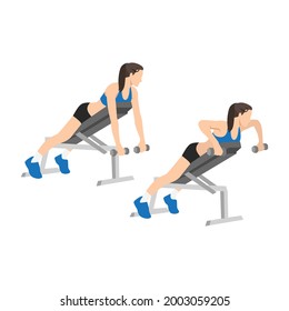 Woman doing Dumbbell incline bench rows.exercise. Flat vector illustration isolated on white background