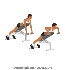 Woman doing Dumbbell incline bench rows.exercise. Flat vector illustration isolated on white background