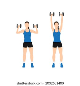 Mujer haciendo ejercicio de presión sobre el hombro de Dumbbell. Ilustración vectorial plana aislada en fondo blanco