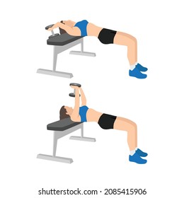 Woman doing dumbbell pullover exercise. Flat vector illustration isolated on white background