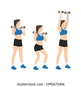 Woman doing Dumbbell push press exercise. Flat vector illustration isolated on white background