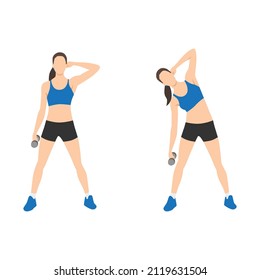 Woman doing Dumbbell side bend exercise. Flat vector illustration isolated on white background