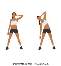 Woman doing Dumbbell side bend exercise. Flat vector illustration isolated on white background