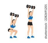 Woman doing Dumbbell squat thrusters. squat to overhead press exercise. Flat vector illustration isolated on white background