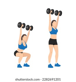 Una mujer haciendo bromistas en el escudo de Dumbbell. ejercicio de prensa de sobrevuelo. Ilustración vectorial plana aislada en fondo blanco