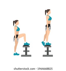 Woman doing dumbbell step ups exercise flat vector illustration isolated on white background