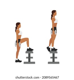 Woman doing dumbbell step ups exercise flat vector illustration isolated on white background