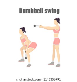 Woman doing dumbbell swing exercise. Weight lifting. Arm workout and muscle building. Healthy and active lifestyle. Isolated vector illustration