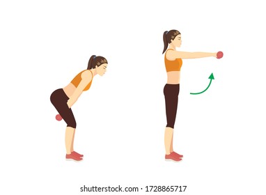 Woman doing Dumbbell swing Exercise in 2 steps to target Hamstrings, Glutes, Shoulders, Back, Abs. Illustration about easy Fitness during stay at home.