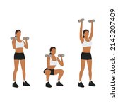 Woman doing Dumbbell thrusters. Squat to overhead press exercise. Flat vector illustration isolated on white background