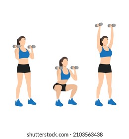 Woman Doing Dumbbell Thrusters. Squat To Overhead Press Exercise. Flat Vector Illustration Isolated On White Background