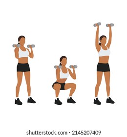 Woman doing Dumbbell thrusters. Squat to overhead press exercise. Flat vector illustration isolated on white background