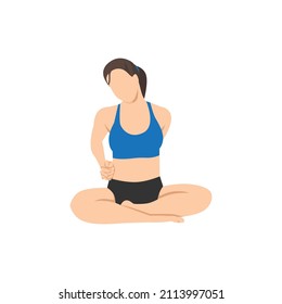 Woman doing easy pose with ear to shoulder stretch sukhasana exercise. Flat vector illustration isolated on white background