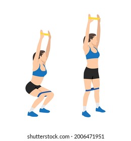 Woman doing Elastic band overhead squad exercise. Flat vector illustration isolated on white background