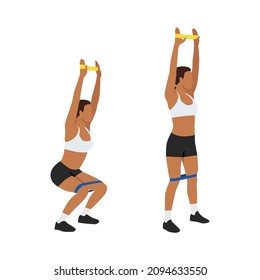 Woman doing Elastic band overhead squad exercise. Flat vector illustration isolated on white background