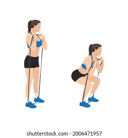 Woman doing Elastic band squat exercise. Flat vector illustration isolated on white background