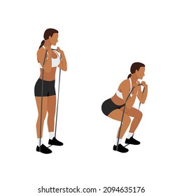 Woman doing Elastic band squat exercise. Flat vector illustration isolated on white background