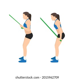 Woman doing Elastic band Tricep extensions exercise. flat vector illustration isolated on white background