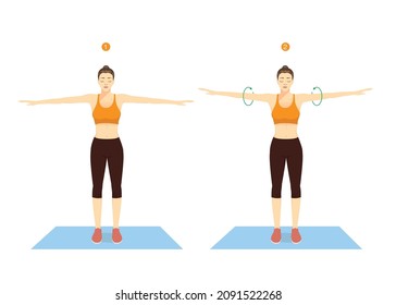 Woman doing exercise with arm circle posture for warm up before play a sport. Rotation arms help to prevent injuries and prepare your body for strength training