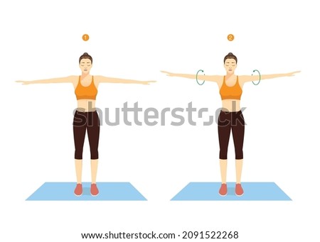 Woman doing exercise with arm circle posture for warm up before play a sport. Rotation arms help to prevent injuries and prepare your body for strength training